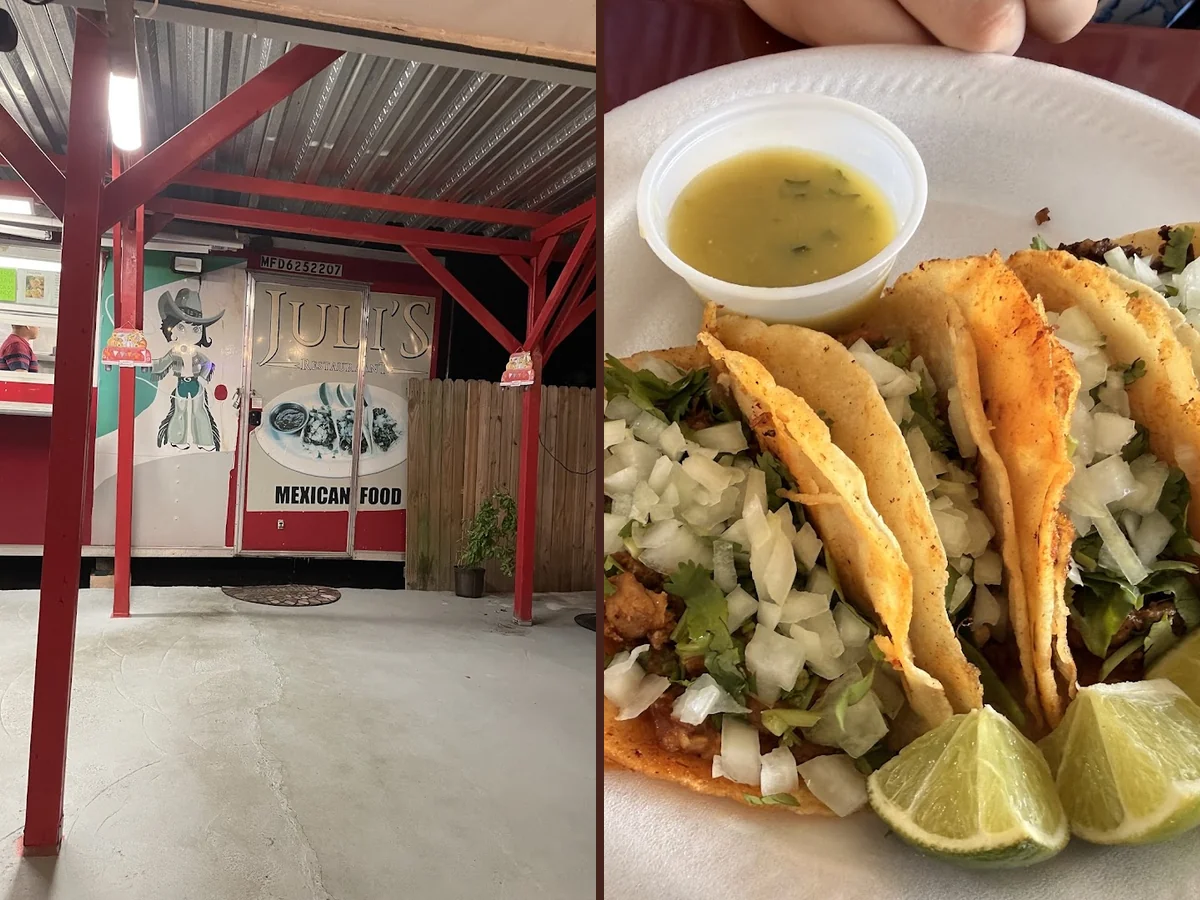 Tacos and sides on a simple table.